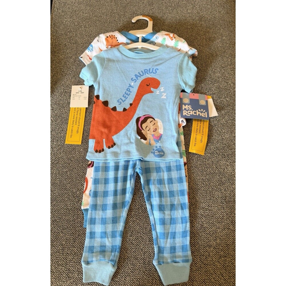 NWT Ms. Rachel 12M Blue Dinosaur Graphic Print 4 Piece Short Sleeve Pajama Set